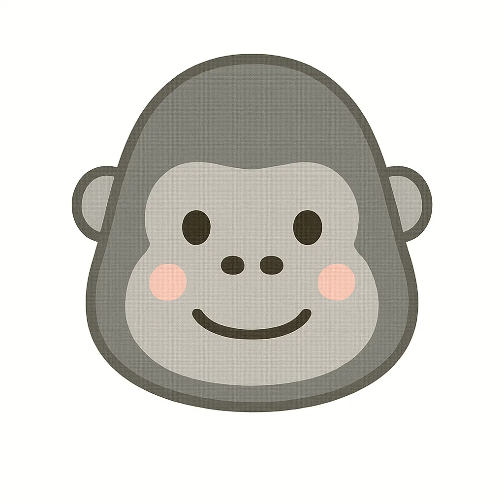 ゴリラのかわいい顔｜しっかりとした輪郭とやさしい目元が特徴のゴリラの顔イラスト。グレーの毛並みと愛嬌のある表情が親しみやすく、保育の動物紹介や遊び素材にぴったりです。