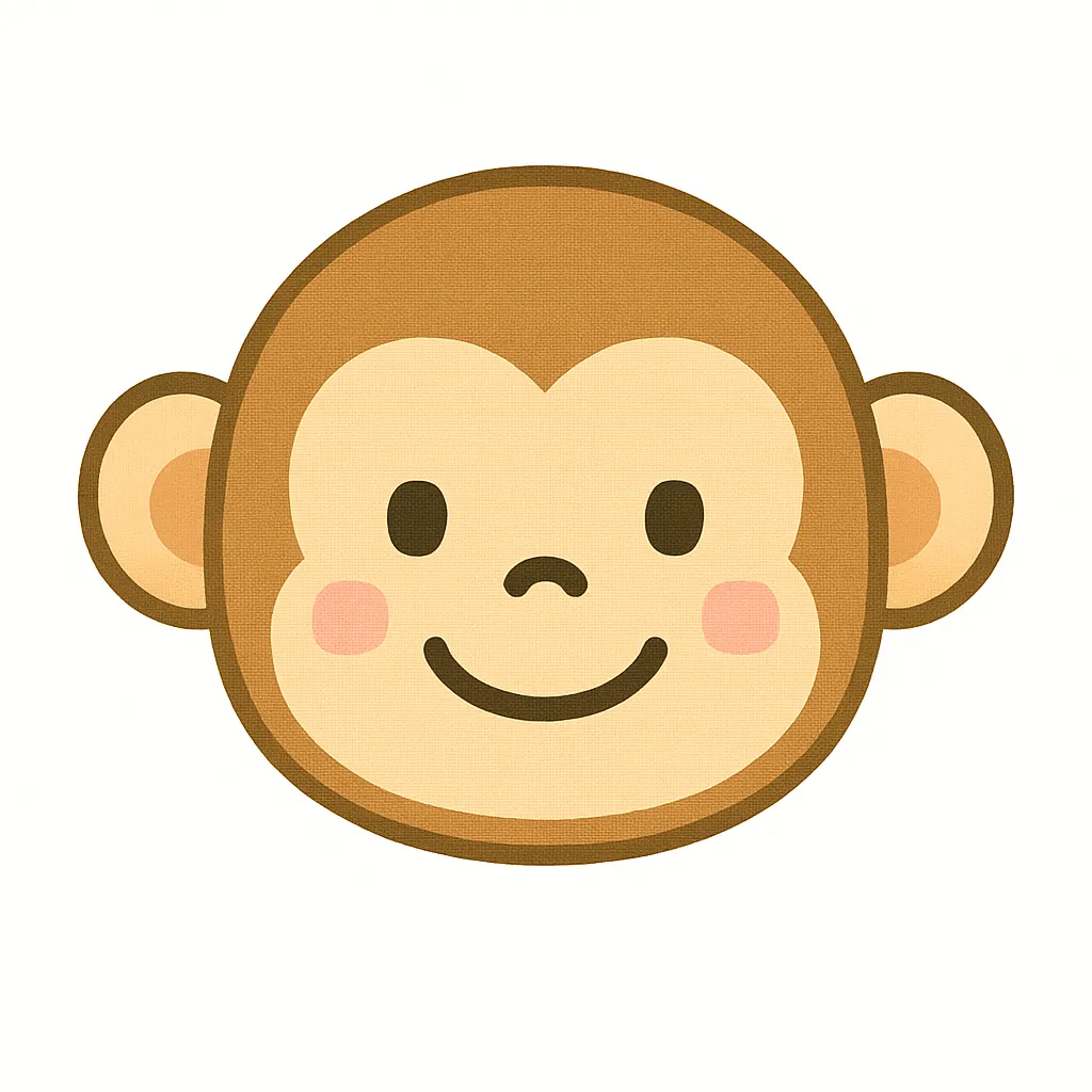 さるのかわいい顔｜大きな耳とにっこり笑顔が印象的なさるの顔デザイン。明るく元気な印象で、幼児向けの行事素材や干支テーマにも活用しやすいスタイルです。