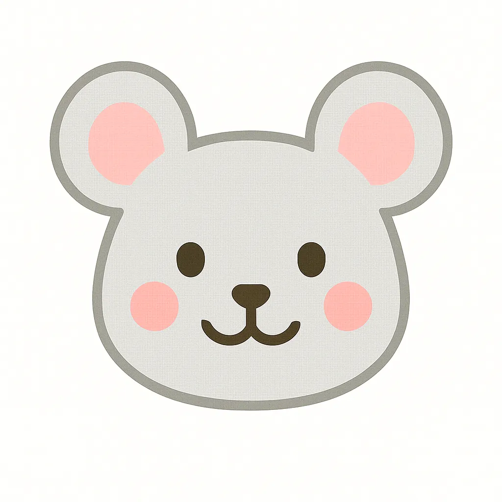 ねずみのかわいい顔｜まるい耳と小さな口元が愛らしいねずみの顔イラスト。シンプルでやさしい表情が特徴で、保育室の飾りや干支シーズンの装飾にぴったりです。