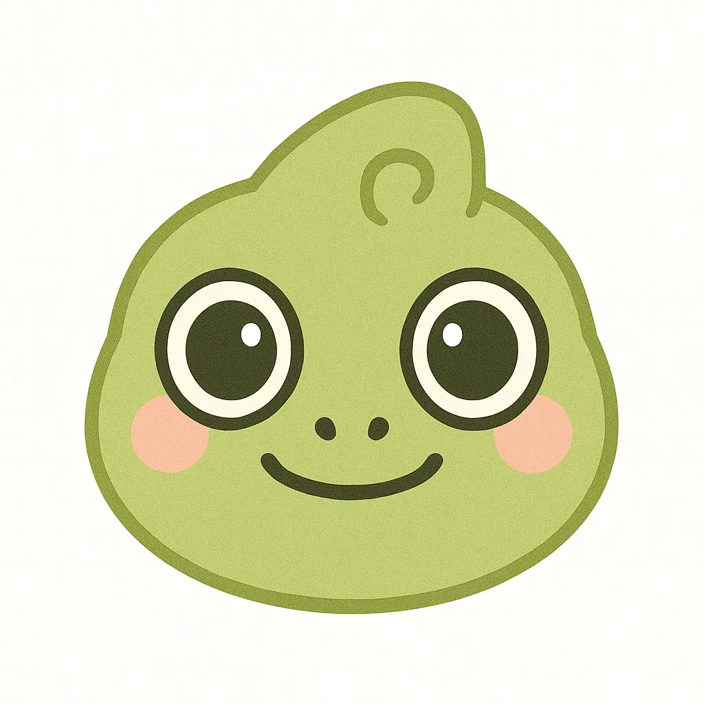カメレオンのかわいい顔｜くるんとした目と丸いフォルムが特徴のカメレオンの顔イラスト。親しみやすい緑系の色味とやさしい表情で、子どもたちにも楽しく伝わるデザインです。