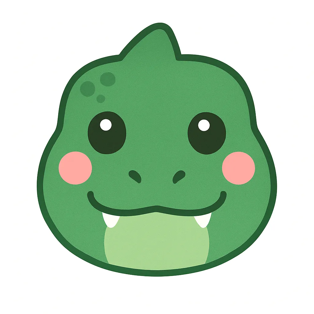 ティラノサウルスのかわいい顔｜大きな口と丸い目が特徴のティラノサウルスの顔イラスト。迫力あるフォルムをやさしくデフォルメし、こわくない笑顔で子どもたちにも親しまれます。