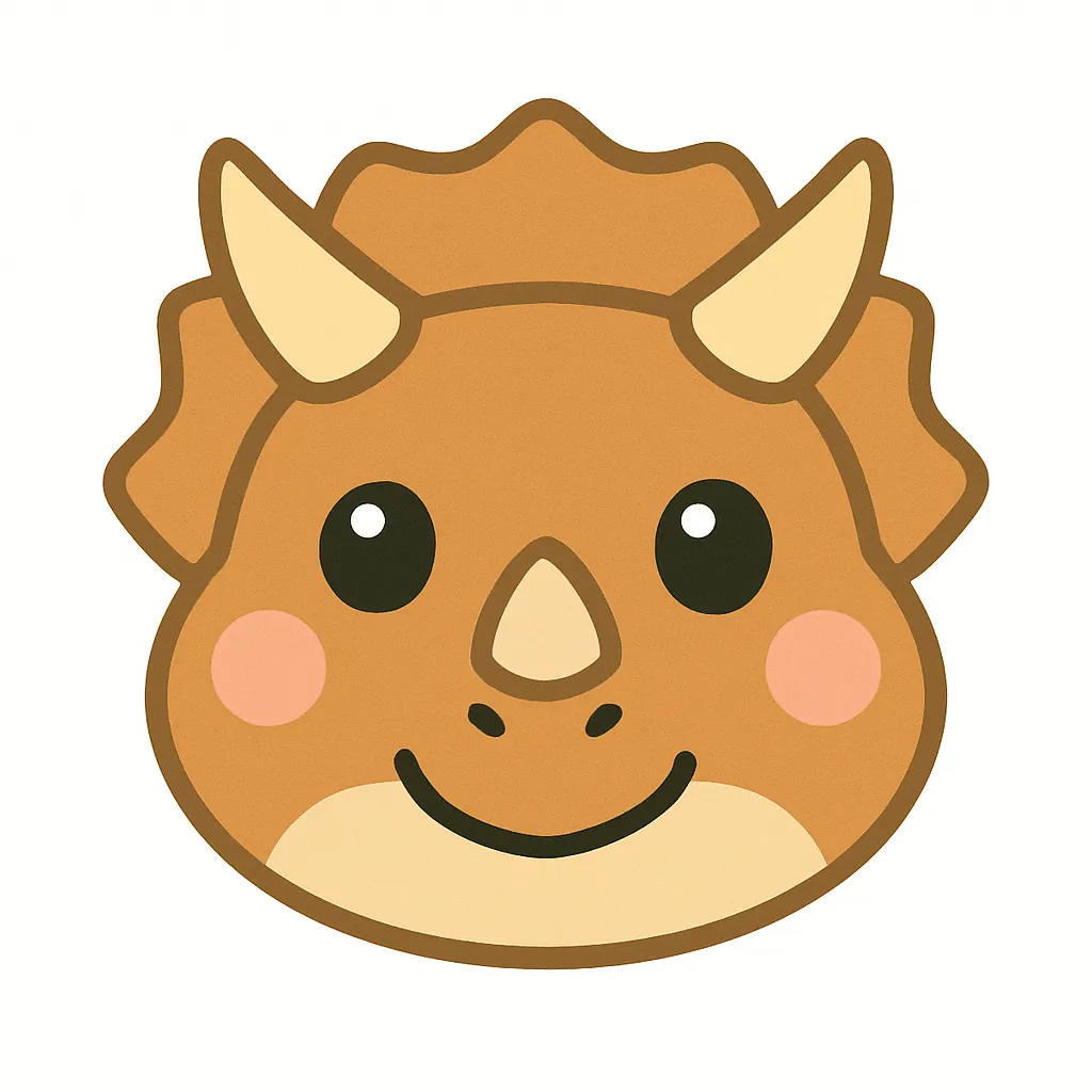 トリケラトプスのかわいい顔｜大きな角とフリルが印象的なトリケラトプスの顔イラスト。左右対称なバランスで整えられた表情が親しみやすく、行事飾りや名前シールにも使えます。