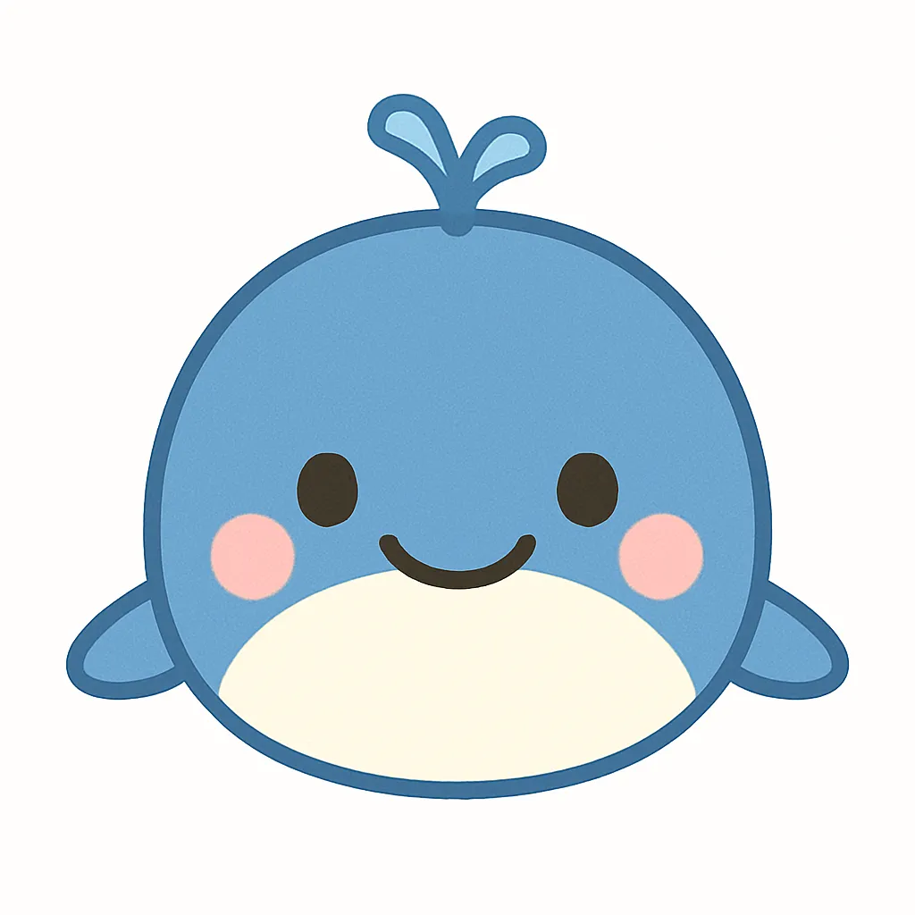 クジラのかわいい顔｜まるく大きな顔と優しい微笑みが印象的なクジラの顔イラスト。青系の配色とつぶらな瞳が親しみやすく、海の生き物テーマの保育素材にぴったりです。