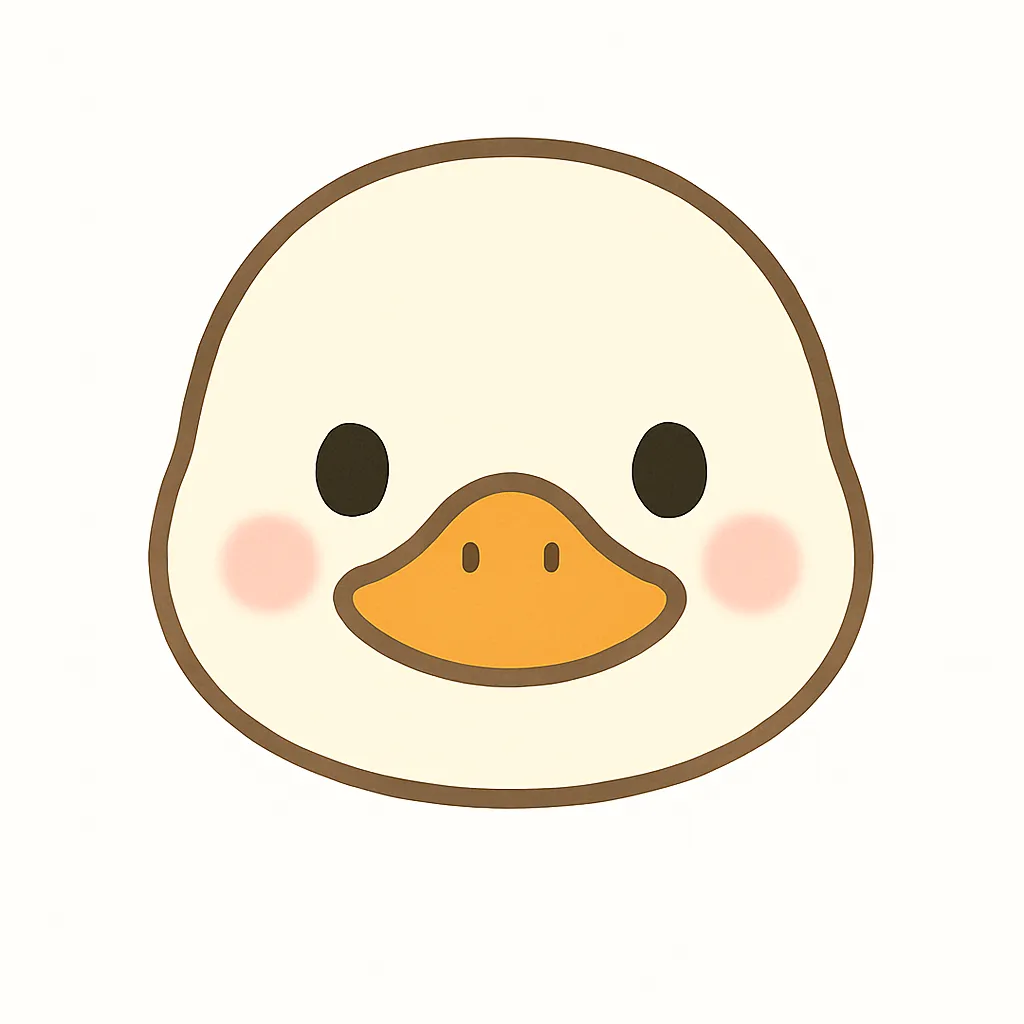 かわいいアヒルの顔｜ふっくらした顔に大きなくちばし、くりくりした目が印象的なアヒルの顔を、明るく元気な表情で描きました。水辺の動物シリーズや保育素材としても活用できます。