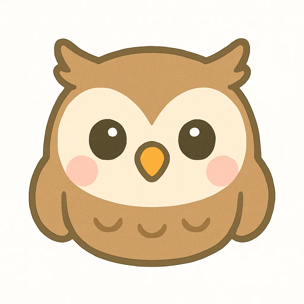 フクロウのかわいい顔｜大きなまるい目と羽毛の模様が印象的なフクロウの顔イラスト。ふわふわとした質感と落ち着いた雰囲気で、夜や森の動物テーマにぴったりな素材です。