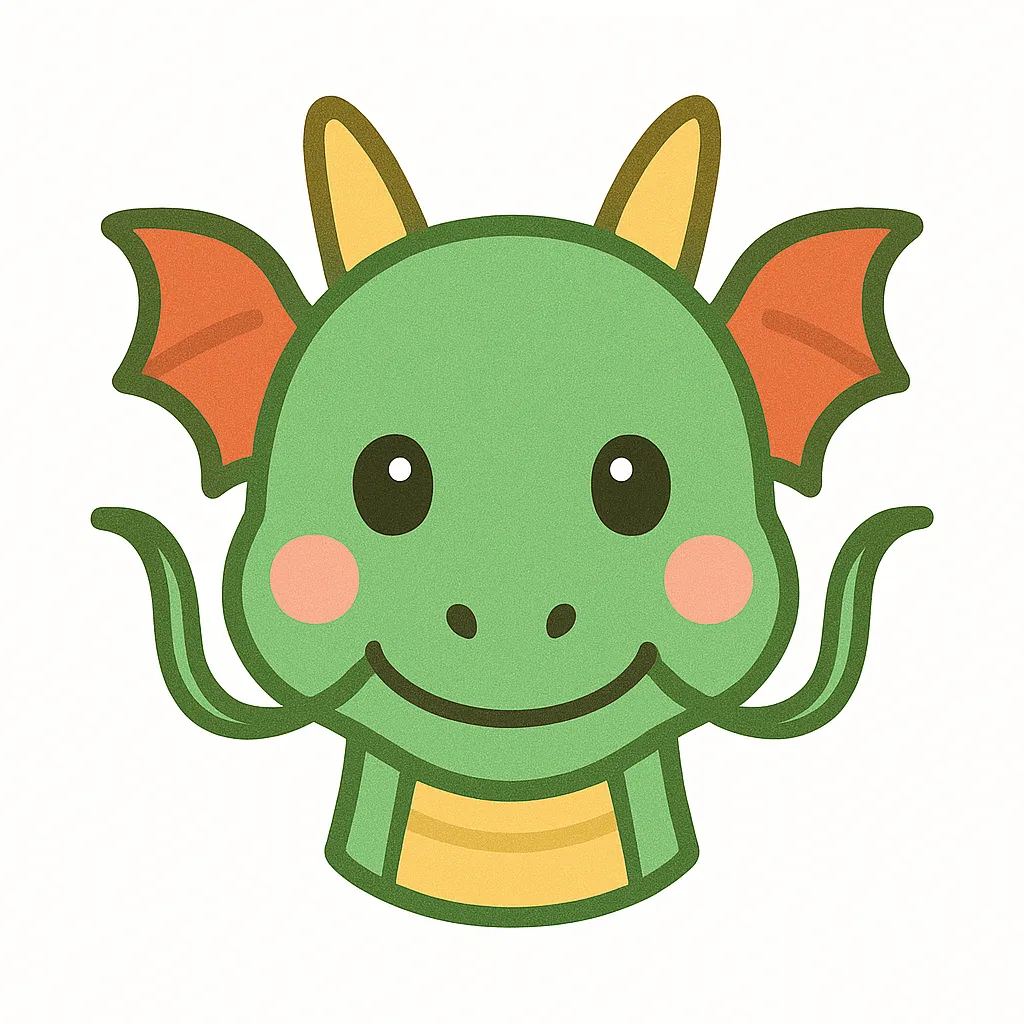 西洋ドラゴンのかわいい顔｜角と翼のイメージを残した西洋風ドラゴンの顔イラスト。少し丸みをもたせたシルエットにやさしい笑顔を加え、怖くないデザインで親しまれやすく仕上げています。