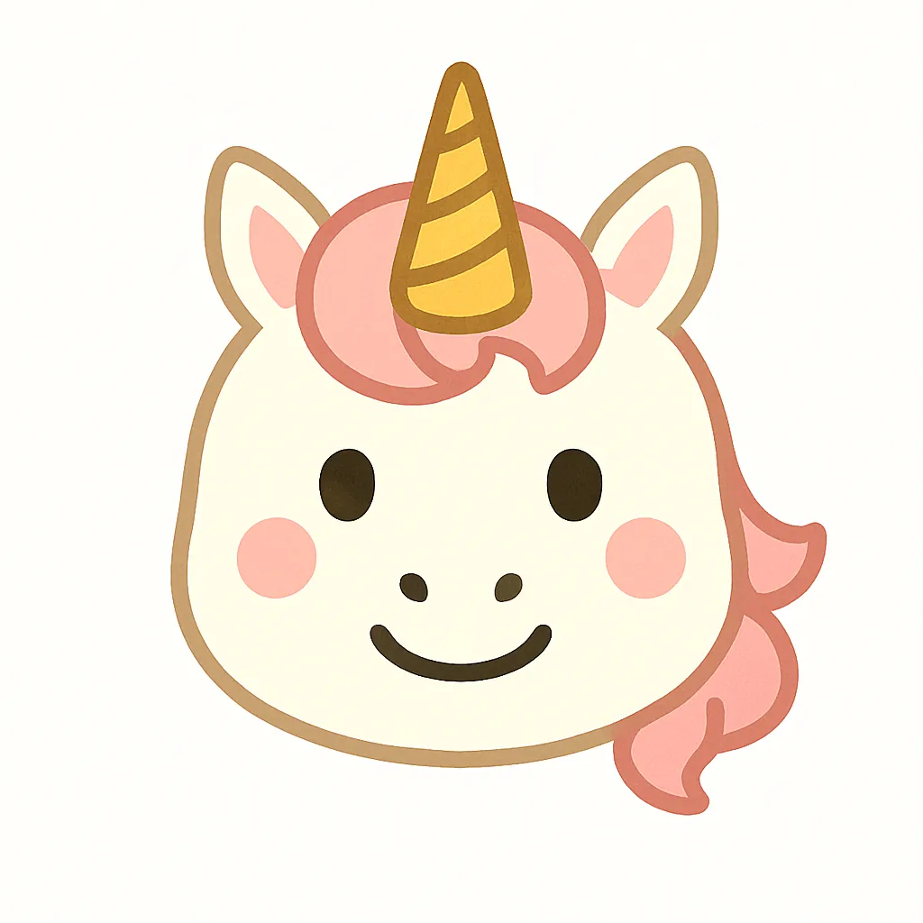 ユニコーンのかわいい顔｜まっすぐ伸びたツノとふんわりたてがみがポイントのユニコーンの顔イラスト。夢のある表情で、ファンタジーやメルヘンのテーマにぴったりなかわいらしさです。
