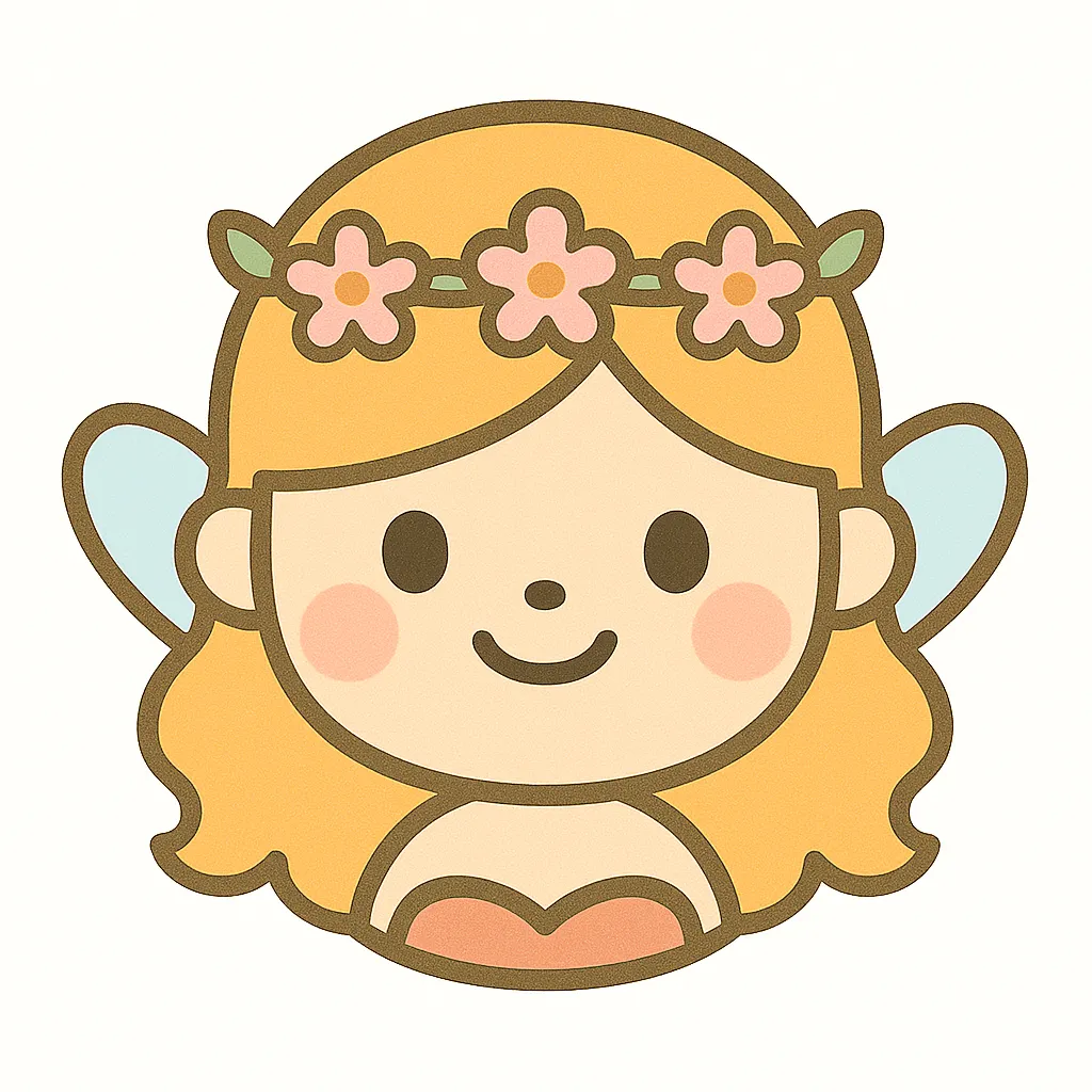 妖精のかわいい顔｜花飾りと小さな羽をイメージした装飾が印象的な妖精の顔イラスト。やわらかな表情とふんわりした色合いで、夢やファンタジーをテーマにした保育素材にぴったりです。
