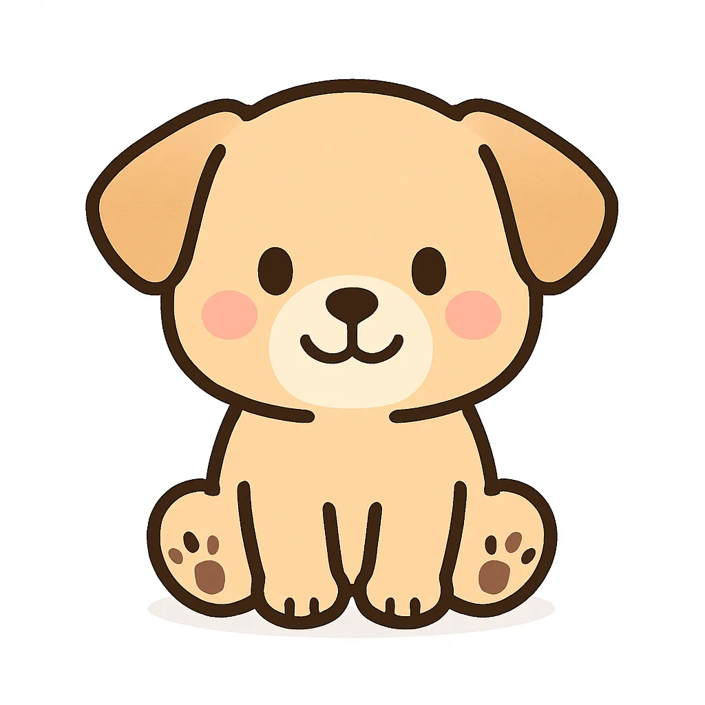 かわいい子犬のおすわりイラスト｜まんまるの頭とたれ耳が特徴的な子犬のイラストです。正面を向いておすわりした姿が愛らしく、ピンクのほっぺや肉球まで丁寧に描かれています。保育素材や掲示物にぴったりです。
