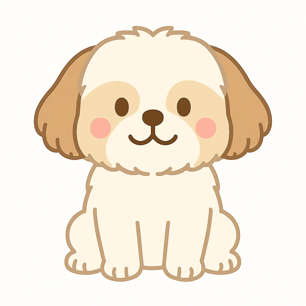 かわいいシーズーのおすわりイラスト｜ふわふわの毛とまるい顔立ちが特徴のシーズーが、やさしく座ってこちらを見つめています。おっとりした表情と落ち着いた色合いが、保育空間にぴったりです。