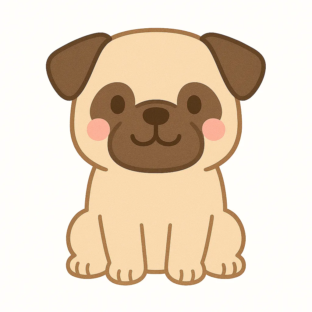 かわいいパグのおすわりイラスト｜つぶらな瞳としわのあるユニークな顔立ちのパグが、正面を向いて愛嬌たっぷりに座っています。表情豊かで、保育の場でも親しみやすいアクセントになります。