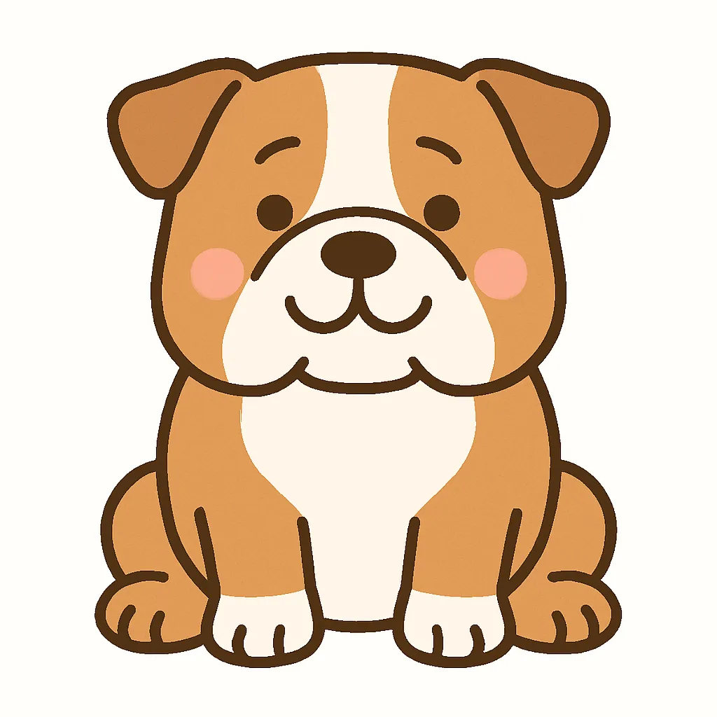 かわいいブルドッグのおすわりイラスト｜しわのある顔とたくましい体が特徴のブルドッグが、やさしく微笑んでおすわりしている姿です。重厚感がありながらも親しみやすく、保育の装飾にも映えるデザインです。