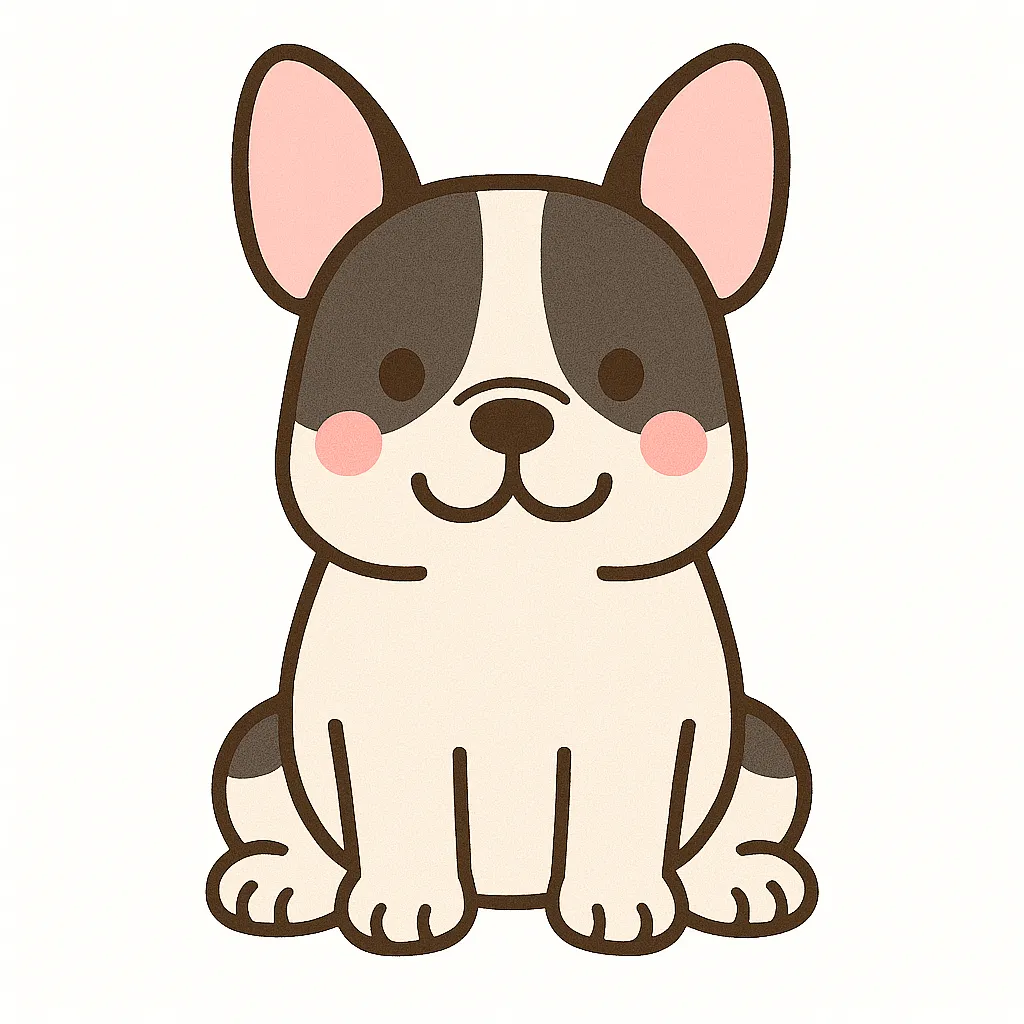 かわいいフレンチブルドッグのおすわりイラスト｜立ち耳と愛らしい表情が特徴のフレンチブルドッグが、ちょこんと座ってこちらを見つめています。まるい体と短い足がかわいらしく、保育の場でも楽しく使えます。