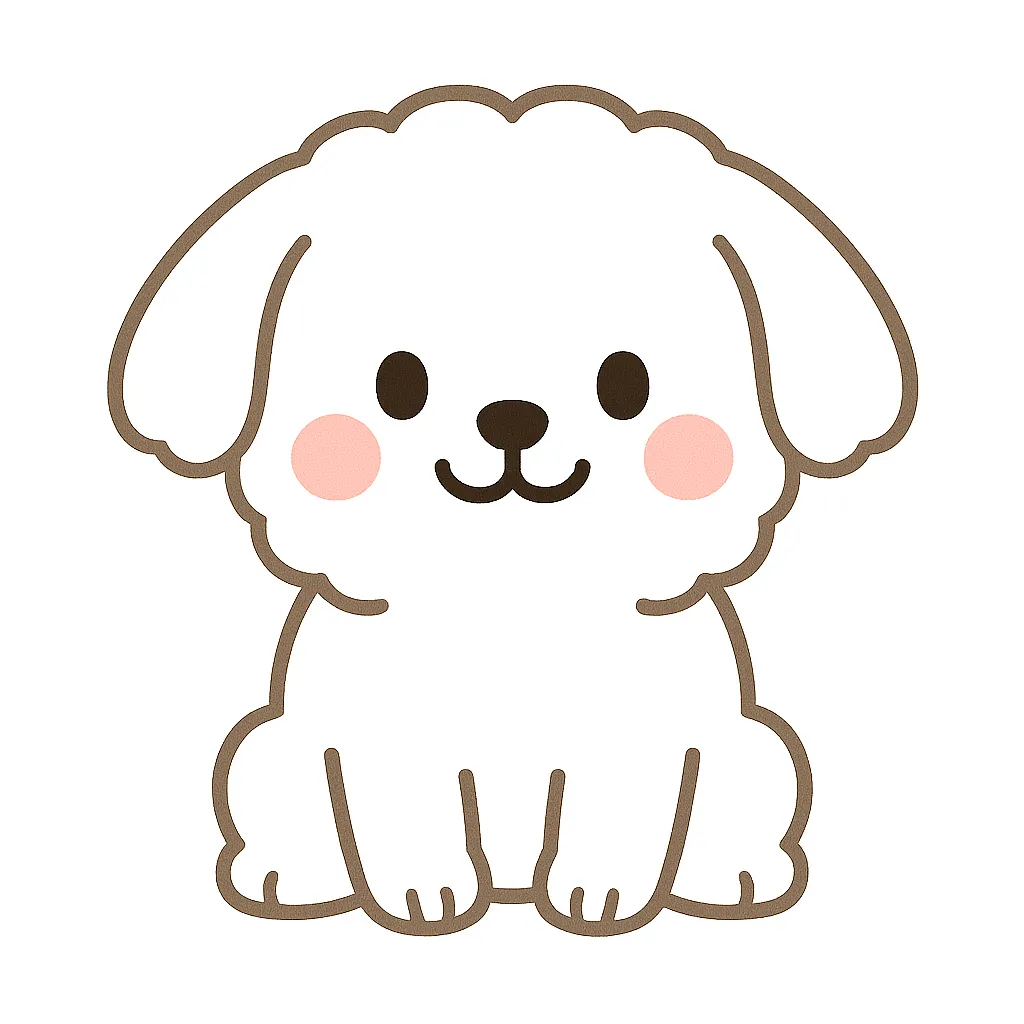 かわいいマルチーズのおすわりイラスト｜まっしろでふわふわの毛並みが特徴的なマルチーズが、やさしい笑顔でちょこんと座った姿です。清潔感のあるデザインで、保育空間や掲示物にぴったりの素材です。