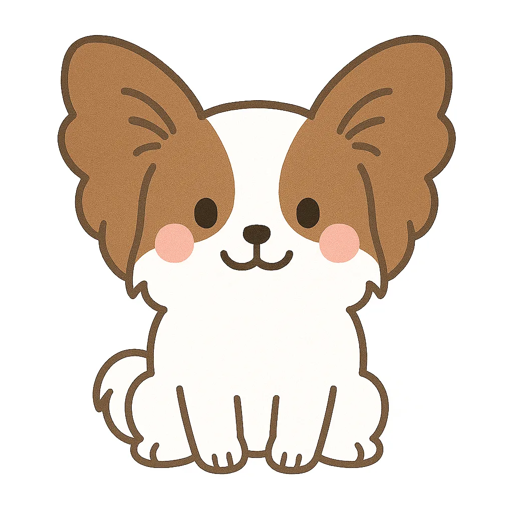 かわいいパピヨンのおすわりイラスト｜大きく広がった耳とやわらかな表情が魅力のパピヨンが、おすわりした姿で描かれています。華やかな見た目と親しみやすさを両立したデザインです。