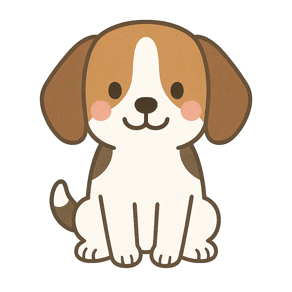 かわいいビーグルのおすわりイラスト｜たれ耳とくりっとした目が特徴のビーグルが、にっこりとおすわりしている様子です。元気で明るい印象があり、保育の装飾にも使いやすいスタイルです。