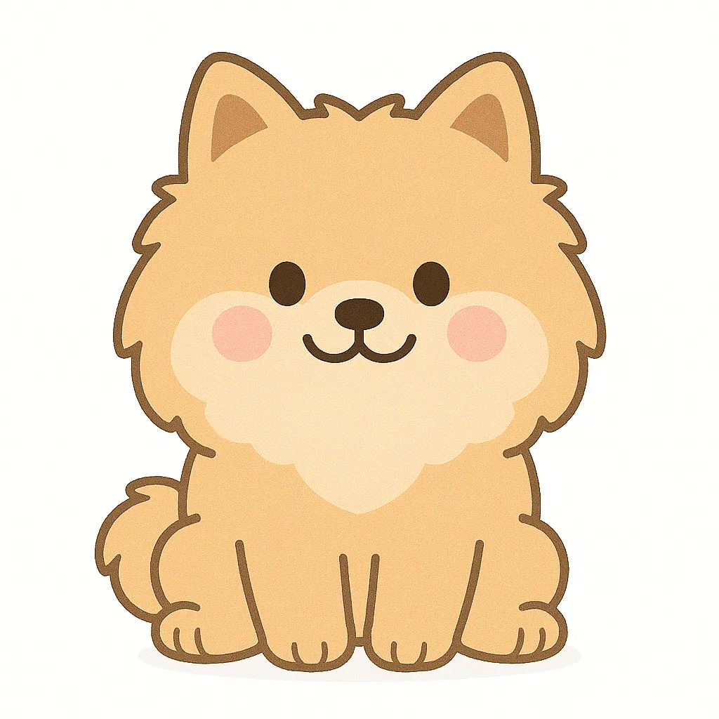 かわいいポメラニアンのおすわりイラスト｜ふわふわの毛とまるい体が特徴のポメラニアンが、おすわりして笑顔を見せています。もこもこの毛並みと明るい印象が、保育室のデコレーションにも最適です。
