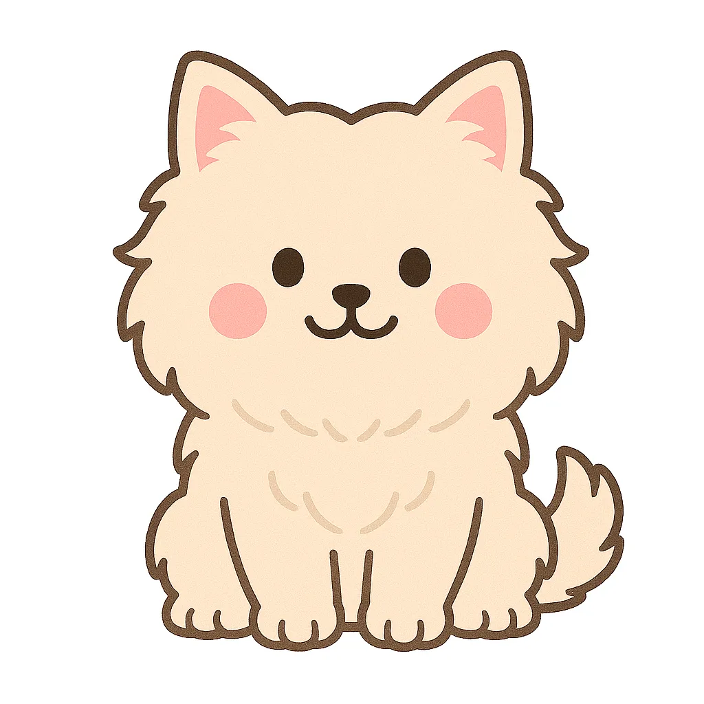 かわいいもふもふ猫のおすわりイラスト｜ふんわりとした長い毛並みが特徴のもふもふ猫が、まるい体でちょこんと座ってにっこりしています。柔らかな印象で、保育の場にもやさしさを添えるデザインです。
