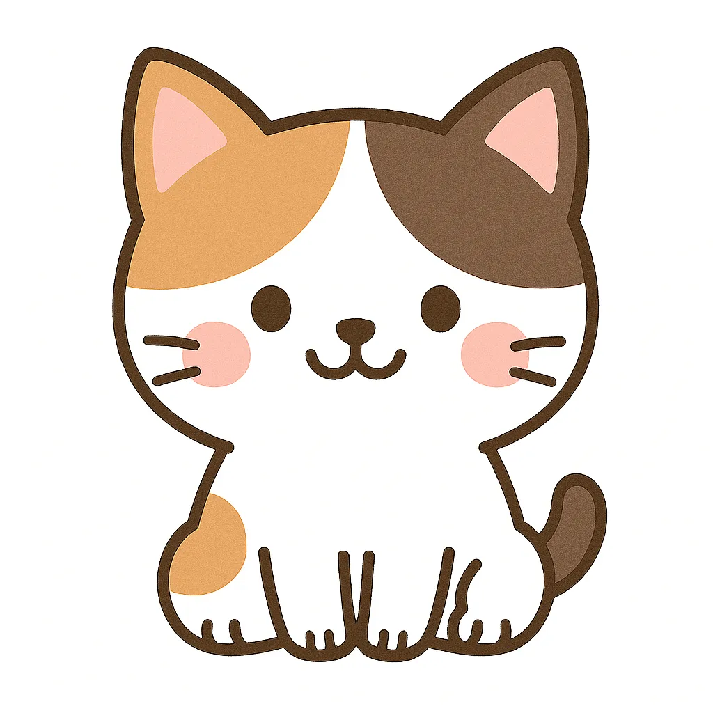かわいい三毛猫のおすわりイラスト｜茶・黒・白の模様が愛らしい三毛猫が、にっこり笑顔でちょこんと座っています。やさしい雰囲気で、保育室や掲示物にぴったりの素材です。