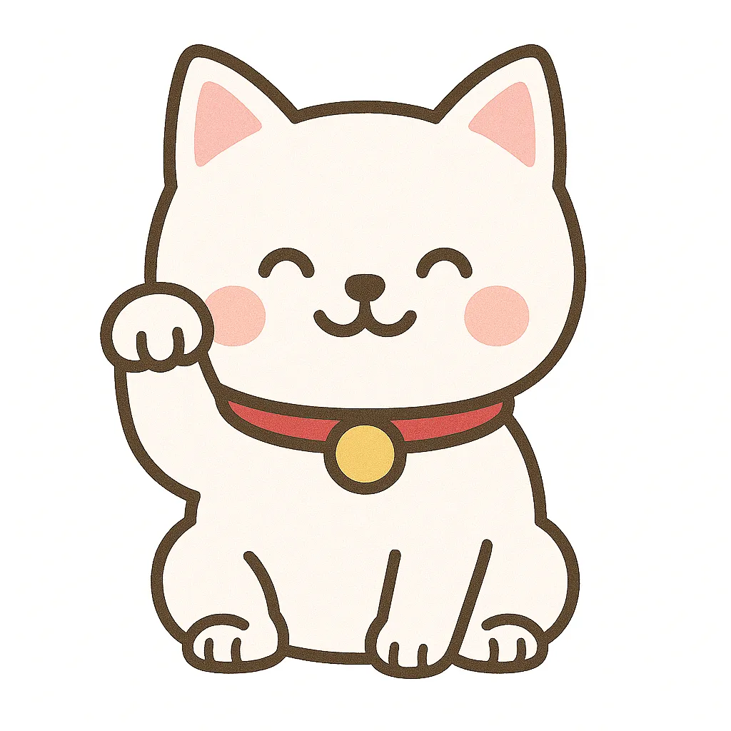 かわいい招き猫のおすわりイラスト｜片手をあげたポーズが特徴の招き猫が、丸いフォルムと笑顔でおすわりして描かれています。縁起のよさと親しみやすさを兼ね備えた保育向けデザインです。