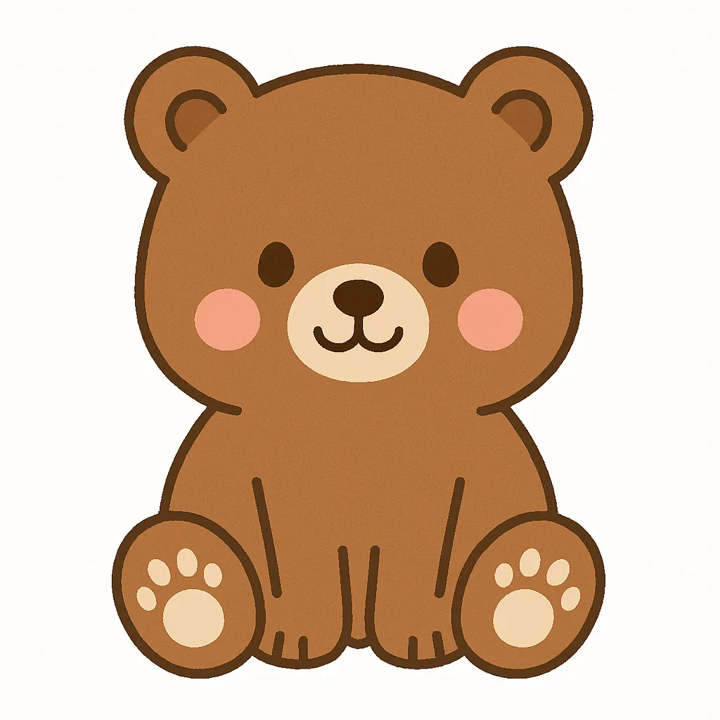 かわいい茶色のくまのおすわりイラスト｜ふんわりとした茶色の毛並みをもつくまが、親しみやすい笑顔でちょこんと座っています。保育の場に温かみを添えるかわいい動物素材です。
