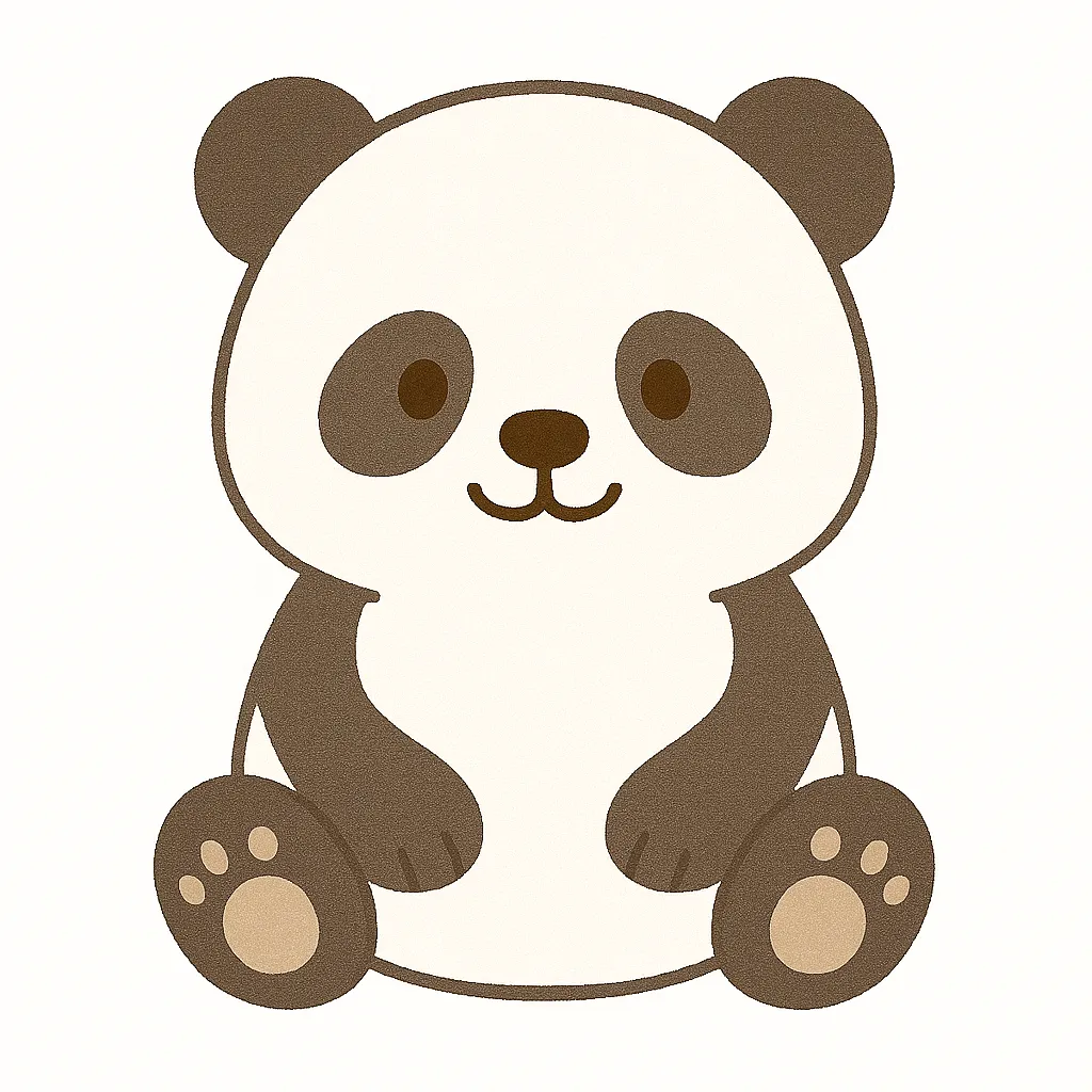 かわいいパンダのおすわりイラスト｜白黒模様が特徴のパンダが、ちょこんと座ってにっこり微笑んでいます。リズムのある配色とまるいフォルムで、保育環境にぴったりのかわいらしさです。
