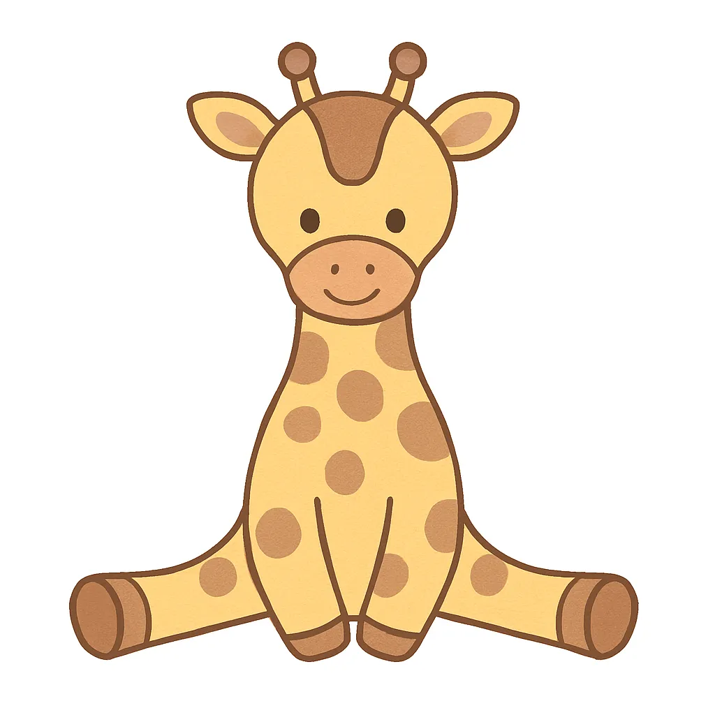 かわいいきりんのおすわりイラスト｜長い首と模様が印象的なきりんが、親しみやすい顔でおすわりしています。明るい黄色系の色彩が、保育空間に元気でかわいらしい印象を与えます。