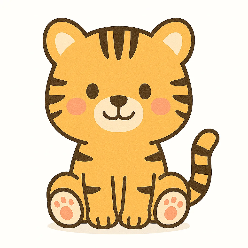かわいいとらのおすわりイラスト｜しま模様が印象的なとらが、やさしい目元でちょこんと座っています。力強さを感じさせながらも、保育シーンに合う親しみやすいデザインです。
