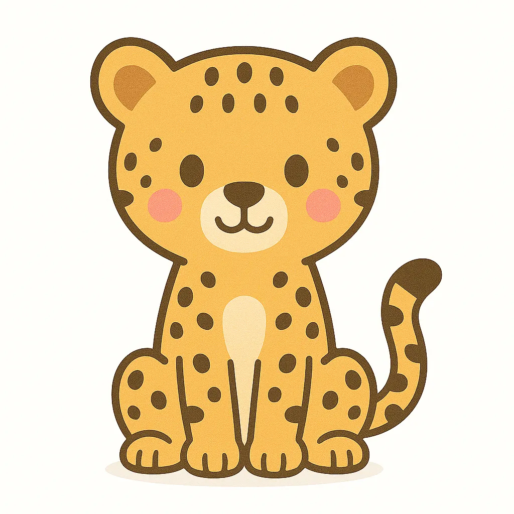 かわいいチーターのおすわりイラスト｜すばやいイメージのチーターが、落ち着いた表情でおすわりしています。点々模様とスリムな体つきが特徴で、学習や掲示にも使いやすい絵柄です。
