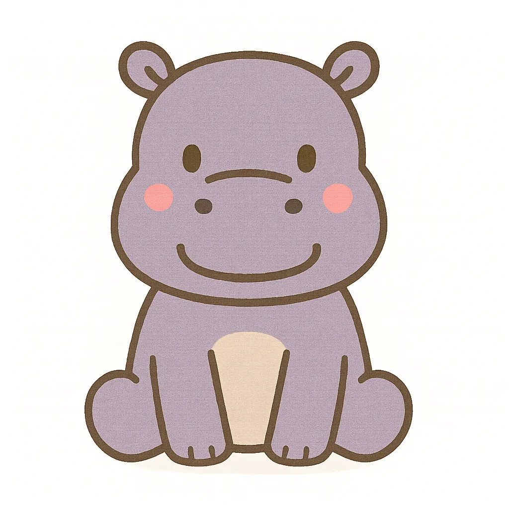 かわいいカバのおすわりイラスト｜どっしりとした体つきのカバが、笑顔でおすわりする姿が魅力です。やわらかな紫系の色調と丸みのあるフォルムで、安心感のある可愛らしさを演出します。