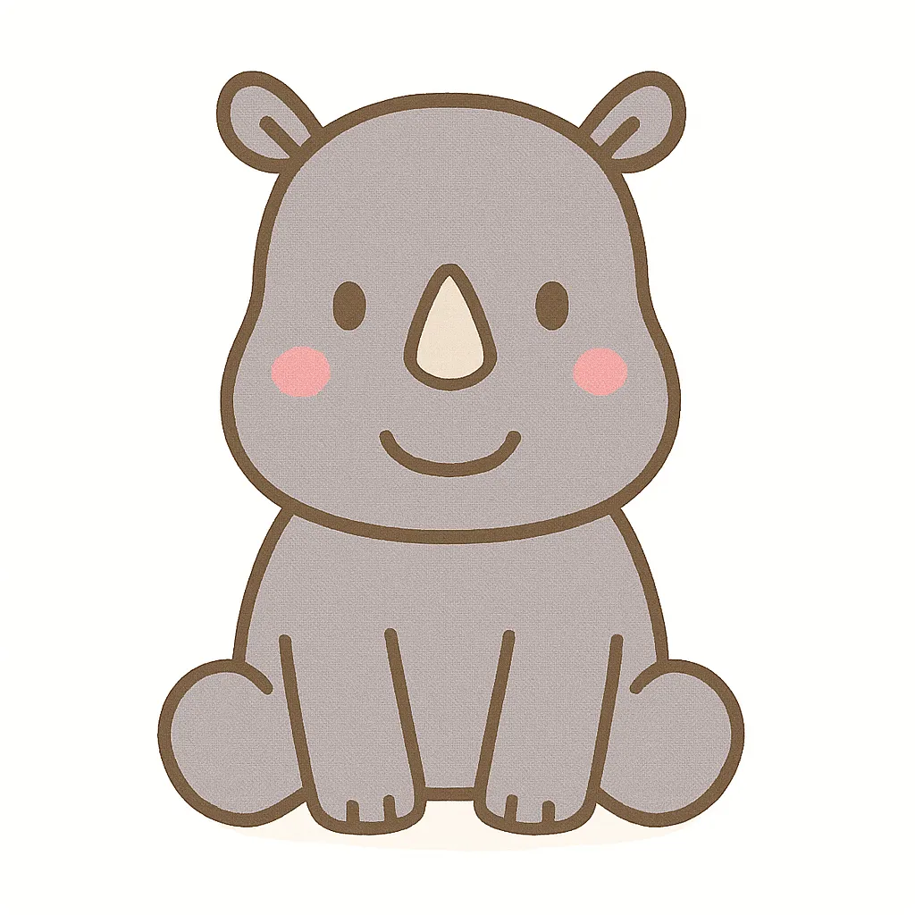 かわいいサイのおすわりイラスト｜大きな角とどっしりした体が特徴のサイが、優しい表情でおすわりしています。グレー系の落ち着いた色味と丸いフォルムで、保育向けにも安心感のあるデザインです。