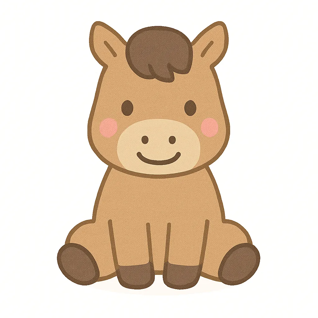 かわいい馬のおすわりイラスト｜たてがみとやさしい目が印象的な馬が、おすわりスタイルで穏やかに描かれています。自然な茶色と白を基調とした配色で、保育の装飾にもなじむ絵柄です。