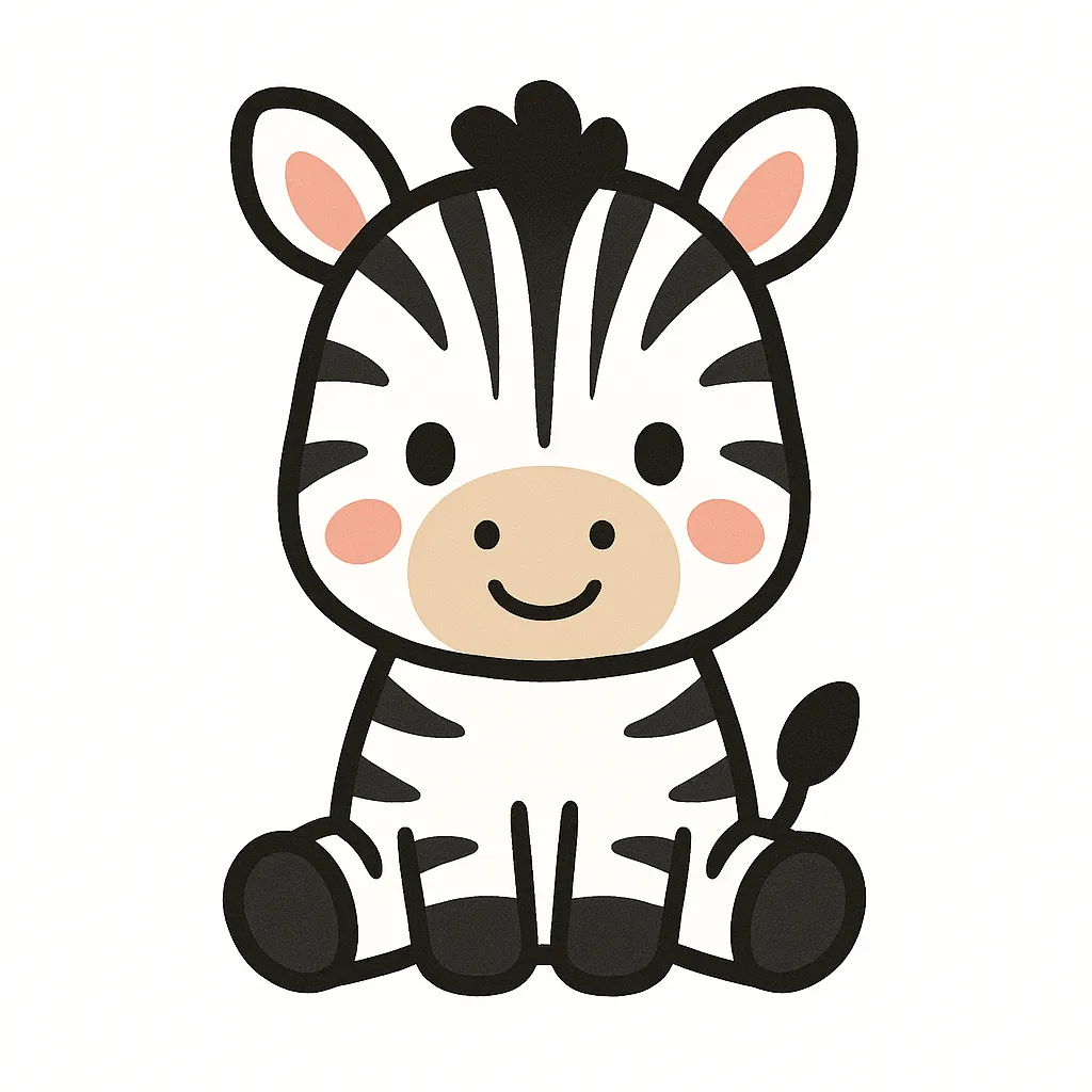 かわいいシマウマのおすわりイラスト｜黒と白のしま模様が特徴のシマウマが、にっこりと座った姿で描かれています。親しみやすい表情と正面のおすわりポーズが、保育の壁面装飾や動物紹介の掲示にぴったりです。