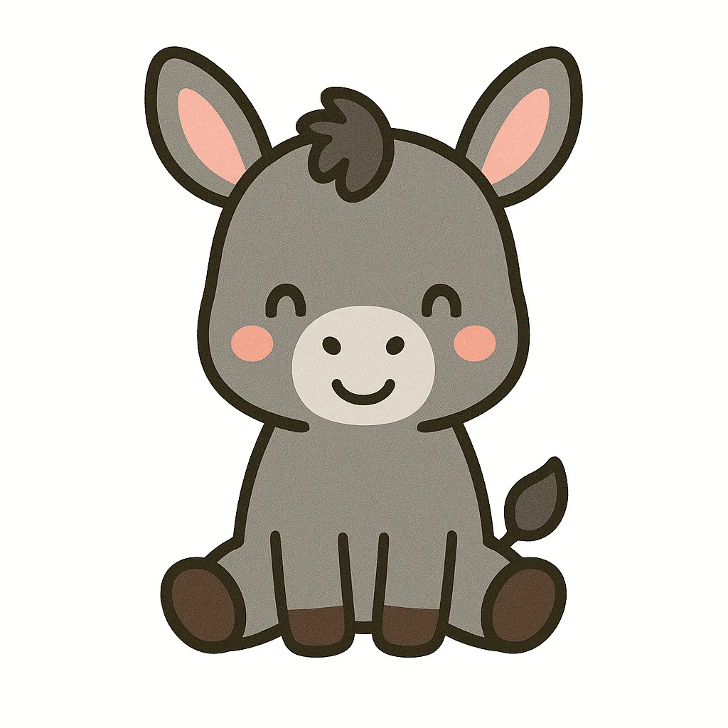 かわいいロバのおすわりイラスト｜大きな耳と穏やかな表情が魅力のロバが、おすわりポーズで親しみやすく描かれています。動物コーナーや生活掲示にも役立つかわいいイラストです。