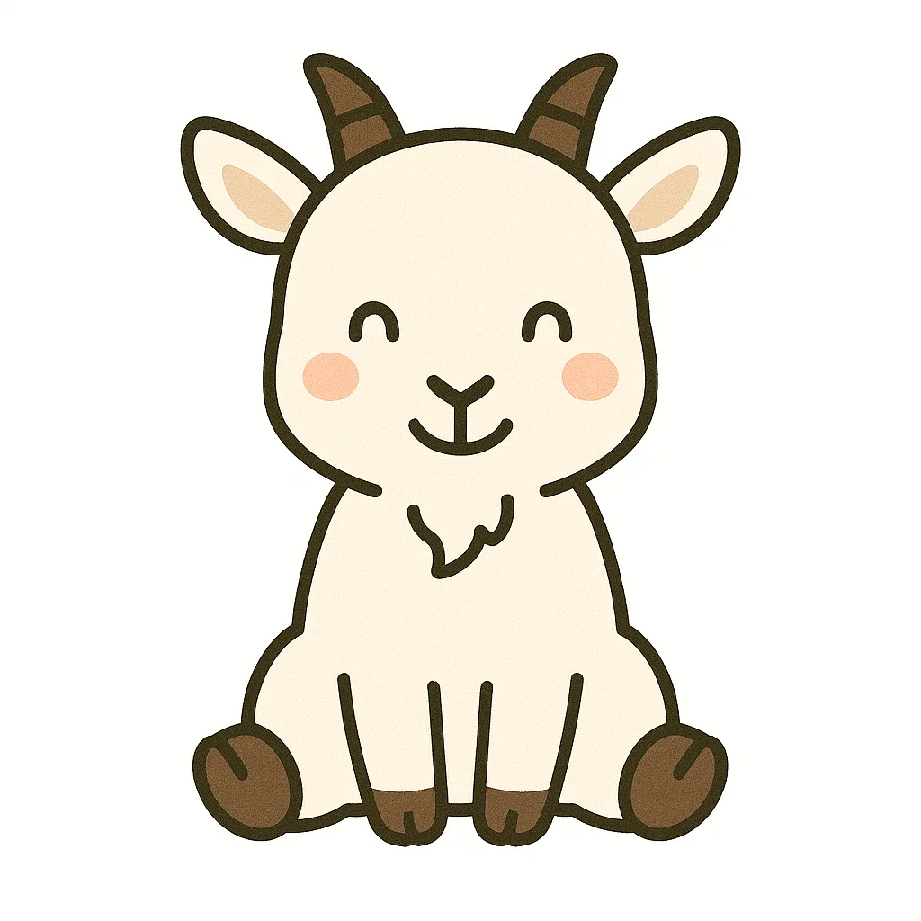 かわいいやぎのおすわりイラスト｜小さな角とくりっとした目が特徴のやぎが、正面向きのおすわりスタイルでかわいく表現されています。牧場あそびや動物テーマの保育活動に活用しやすいデザインです。