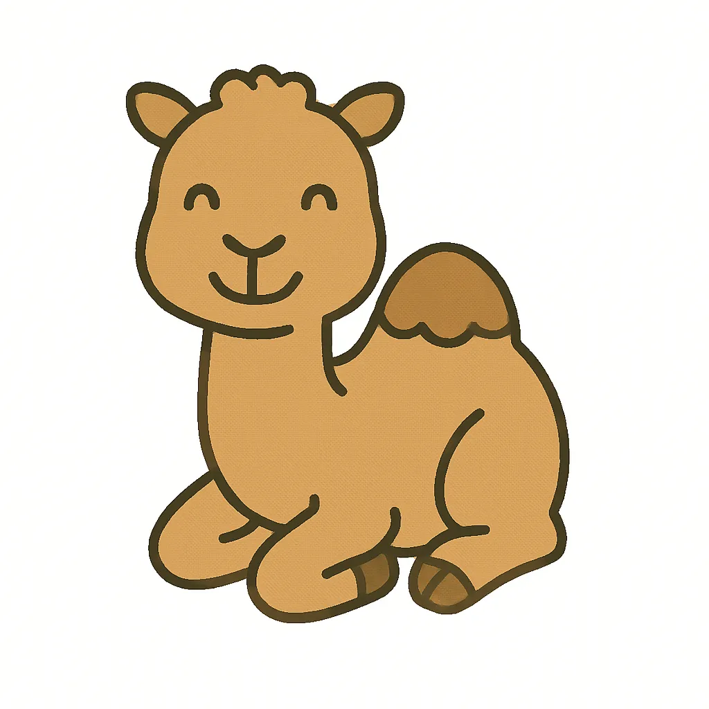 かわいいラクダのおすわりイラスト｜こぶのある背中とやさしい表情が魅力のラクダが、おすわりポーズで描かれています。砂漠や異国の動物としての紹介にも使える保育素材です。