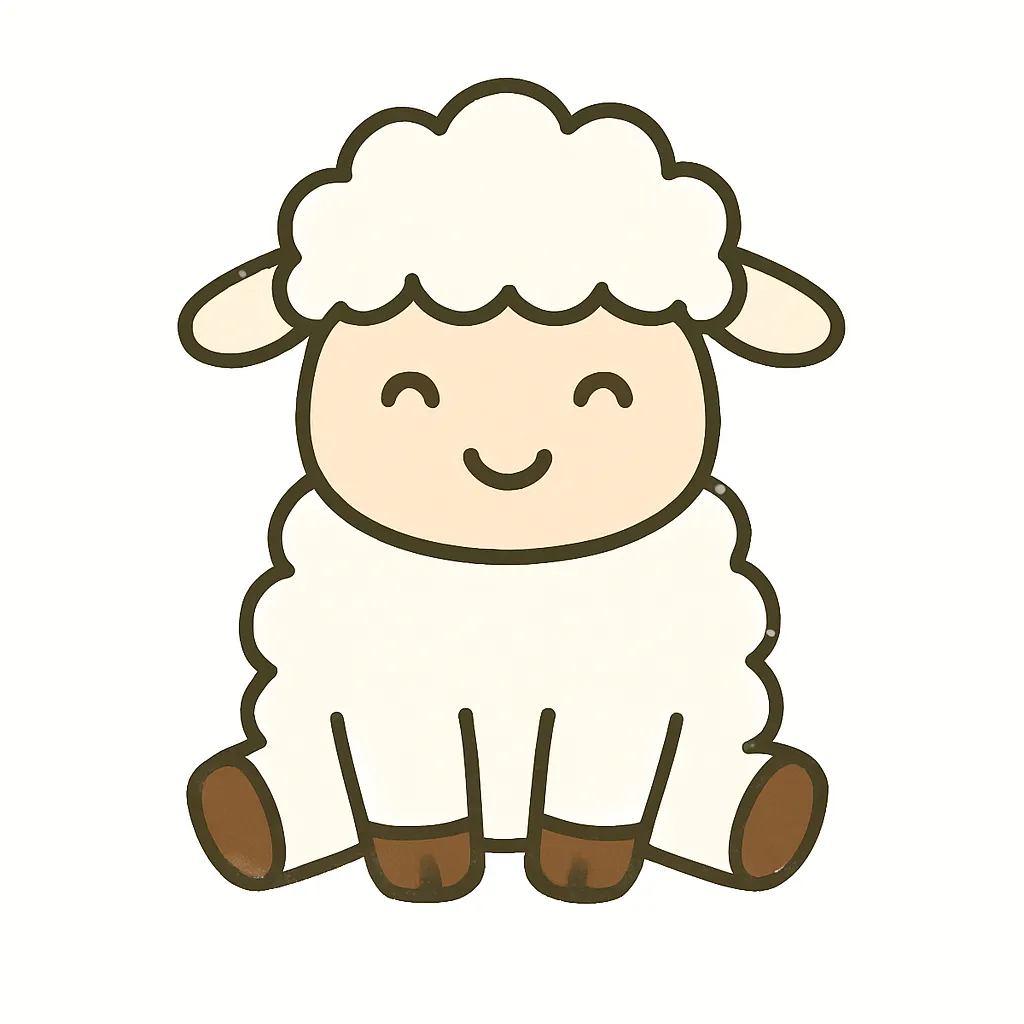 かわいいひつじのおすわりイラスト｜ふわふわの白い毛に包まれたひつじが、にっこり笑顔でおすわりしています。やさしい雰囲気で、春の制作や動物紹介など幅広い場面に使えるイラストです。