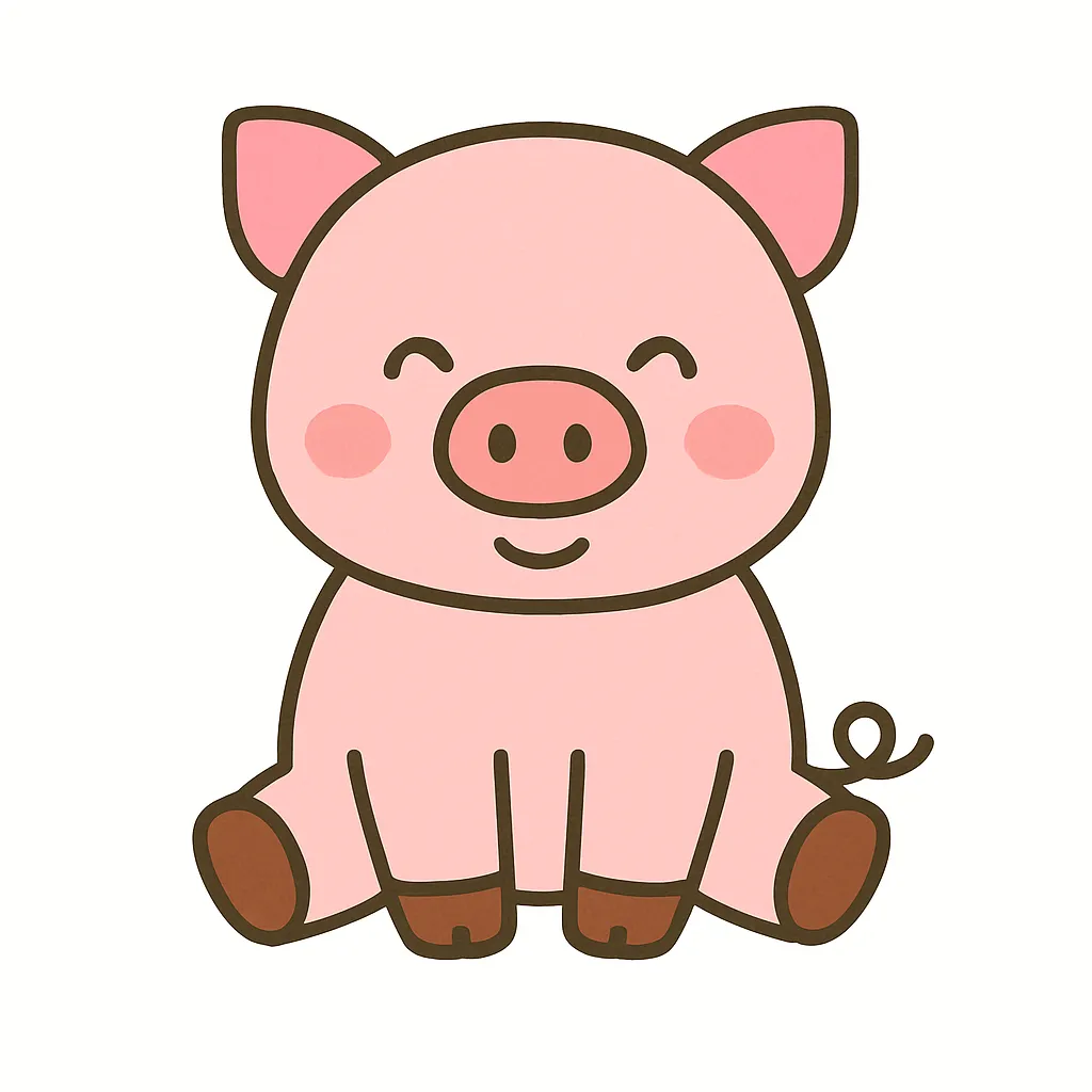 かわいいぶたのおすわりイラスト｜まるい鼻とやわらかいピンク色が愛らしいぶたが、おすわりスタイルで親しみやすく表現されています。保育の壁面や動物コーナーにぴったりの素材です。