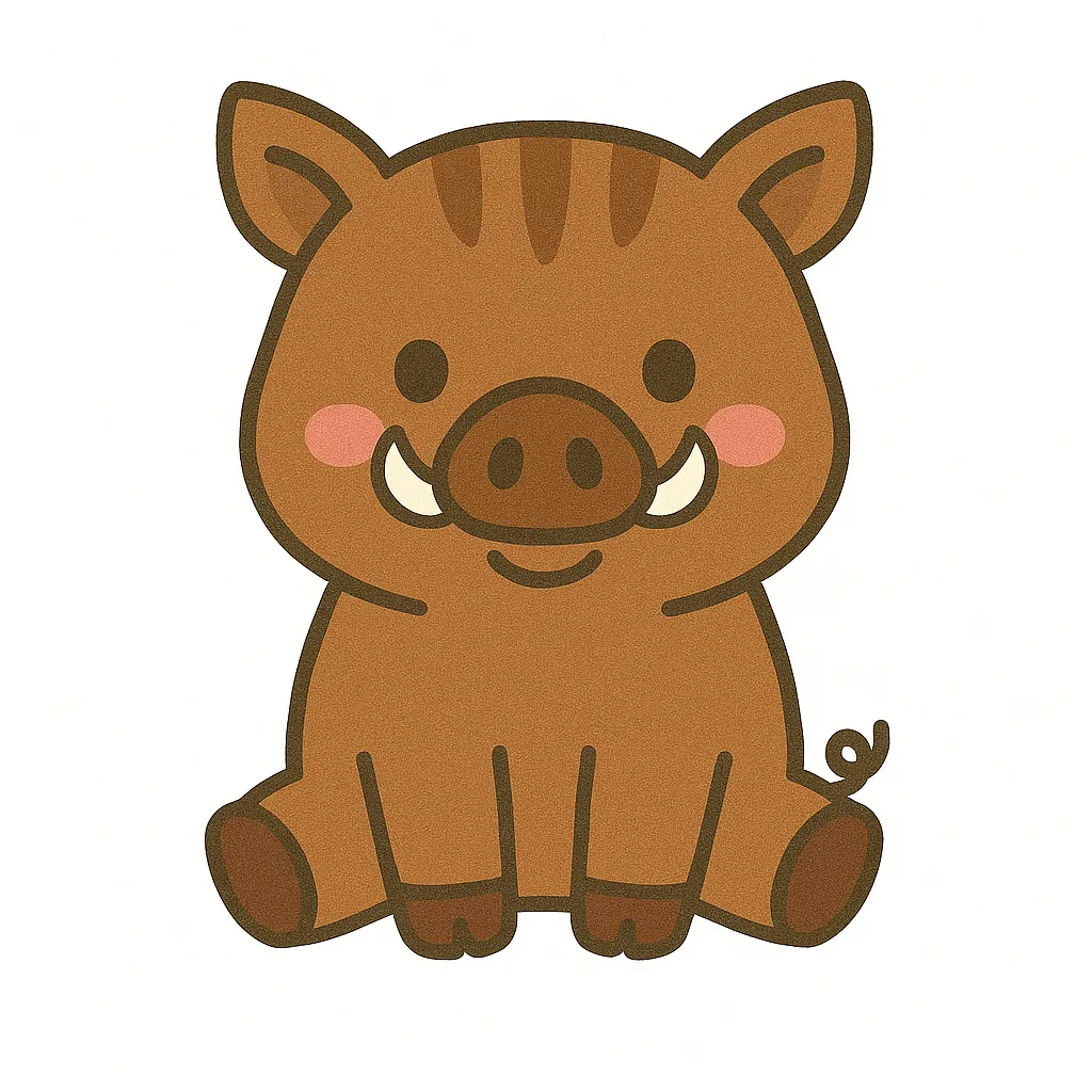 かわいいいのししのおすわりイラスト｜つぶらな瞳と小さな牙が愛らしいいのししが、おすわりポーズでやさしく描かれています。干支や秋の動物テーマなど、季節感ある保育活動にもぴったりのイラストです。