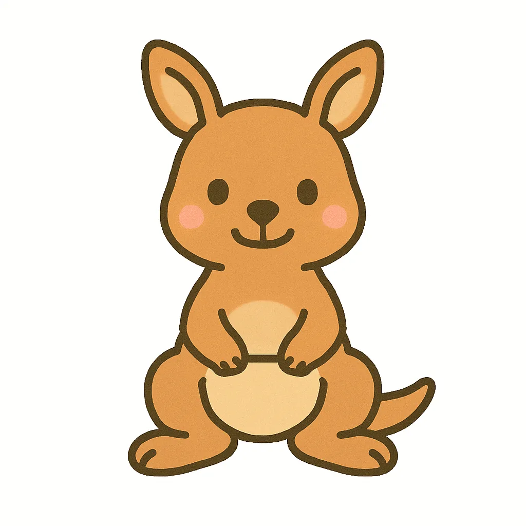 かわいいカンガルーのおすわりイラスト｜大きな耳とぽっこりおなかがかわいいカンガルーが、にっこり笑顔でおすわりしています。親子動物や海外動物の紹介にも役立つ保育向け素材です。
