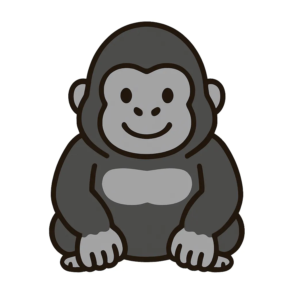 かわいいゴリラのおすわりイラスト｜たくましい体つきながら、やさしい笑顔が魅力のゴリラが、おすわりポーズでかわいらしく表現されています。動物園の掲示や行事飾りにもおすすめです。