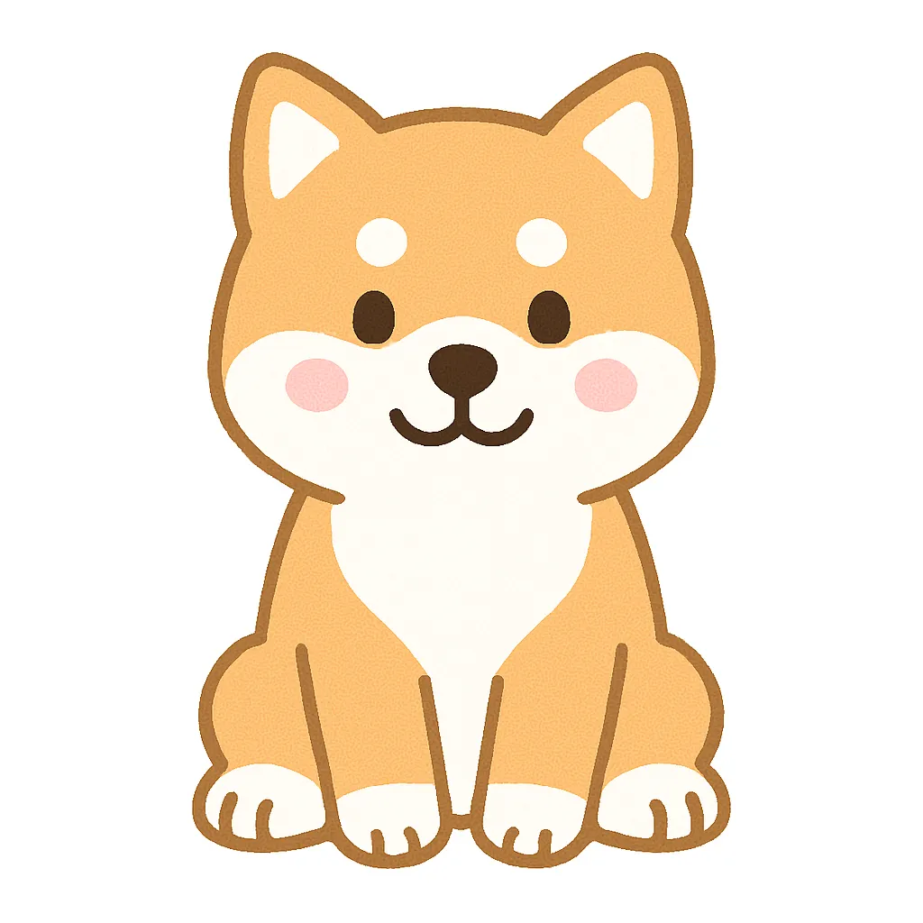 かわいい秋田犬のおすわりイラスト｜たくましい体格とやさしい目が魅力の秋田犬が、おすわりしながらにっこり笑った姿です。日本らしい雰囲気と堂々とした佇まいが、子どもたちにも親しまれるデザインです。
