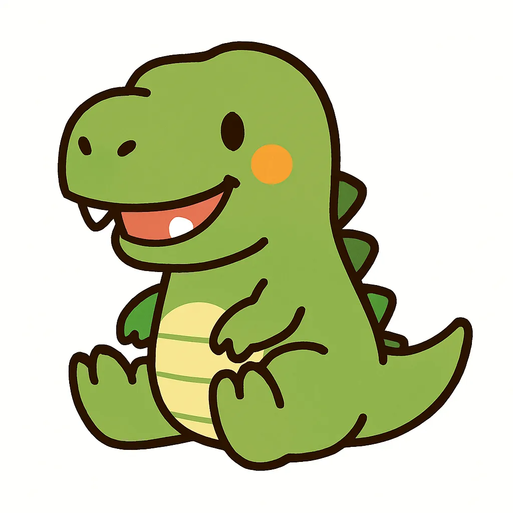 かわいいティラノサウルスのおすわりイラスト｜たくましい体とやさしい笑顔が魅力のティラノサウルスが、かわいくおすわりしています。恐竜イベントや博物館ごっこにもぴったりのイラストです。