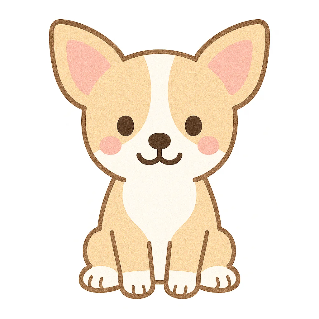 かわいいチワワのおすわりイラスト｜大きな耳とクリッとした目が特徴のチワワが、小さな体でちょこんと座った姿です。愛らしい表情とコンパクトなフォルムが子どもにも人気で、保育素材としても使いやすいデザインです。