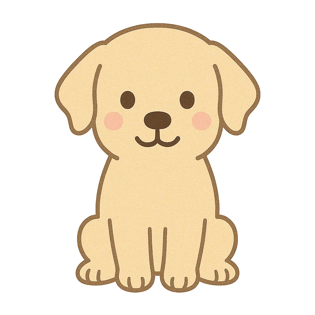 かわいいゴールデンレトリバーのおすわりイラスト｜ふんわりした金色の毛並みと優しい顔立ちが魅力のゴールデンレトリバーが、落ち着いた姿勢で座っています。おだやかな印象があり、園内掲示や絵本素材にもぴったりの一枚です。