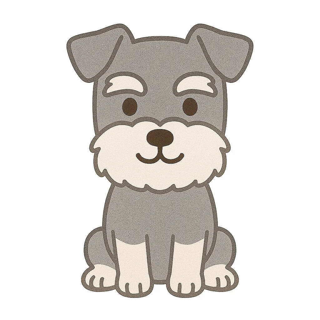 かわいいシュナウザーのおすわりイラスト｜特徴的な口ヒゲと眉毛をもつシュナウザーが、小さな体でおすわりするスタイルです。落ち着いた雰囲気の中にユーモアがあり、保育の装飾やキャラクターとしても楽しく使えます。