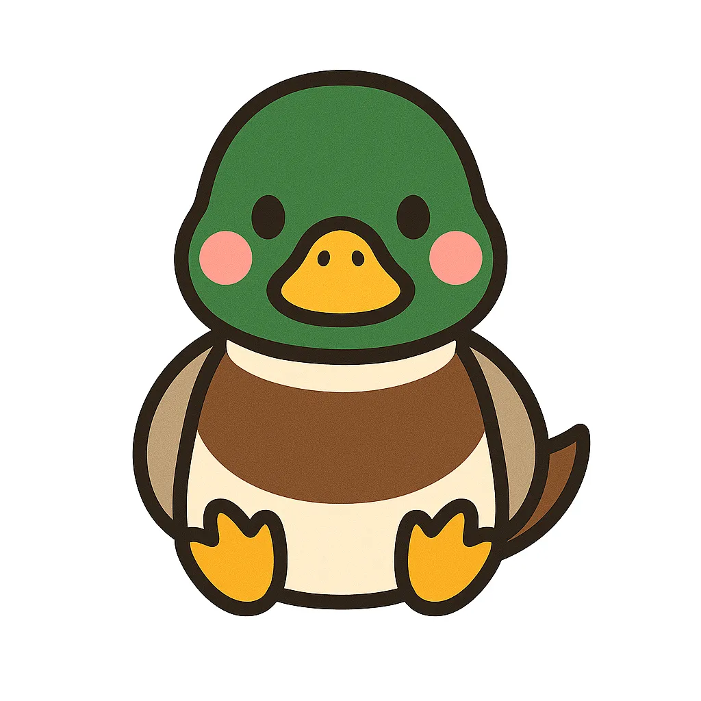 かわいいかものおすわりイラスト｜みどりの頭と茶色の体が特徴的なかもが、おすわりポーズでやさしい表情を見せるかわいいイラストです。季節の掲示や学習教材に使いやすい一枚です。