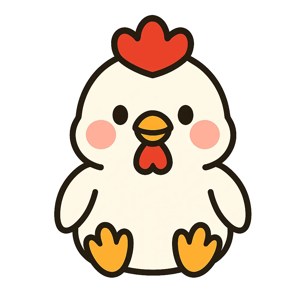 かわいいにわとりのおすわりイラスト｜とさかと赤いほっぺが特徴的なにわとりが、ふっくら座って微笑む姿で描かれています。動物紹介や季節の行事にも使いやすい保育素材です。