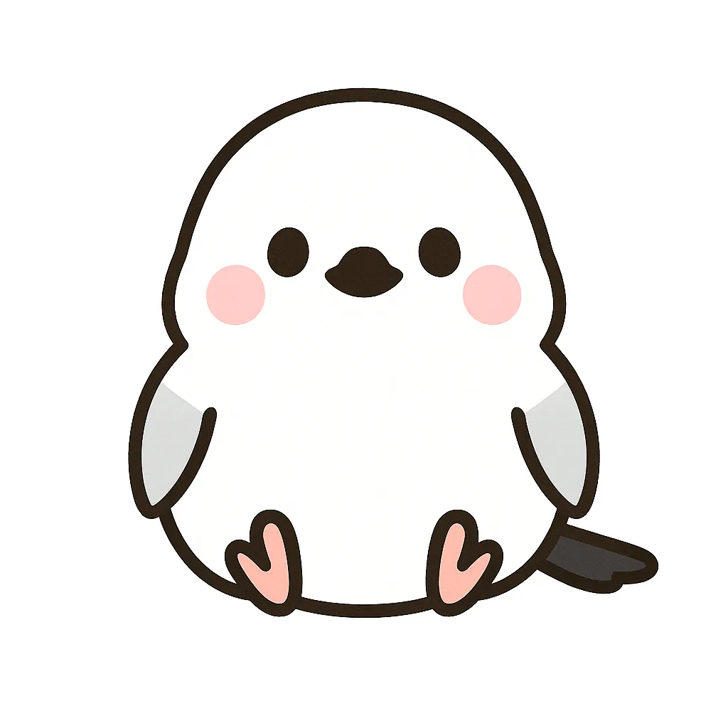 かわいいシマエナガのおすわりイラスト｜雪の妖精とも呼ばれるシマエナガが、丸い体でちょこんと座る姿をかわいらしく描いています。冬の装飾や動物テーマの教材に最適です。