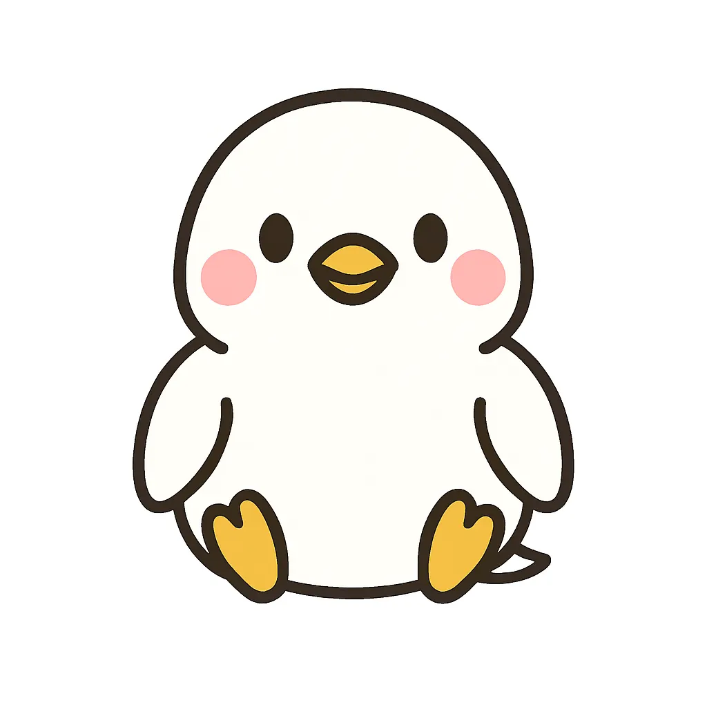 かわいい白い鳥のおすわりイラスト｜ふんわりとした白い羽とまるいシルエットが印象的な白い鳥が、ちょこんとおすわりしています。平和や清らかさを表す保育掲示におすすめです。
